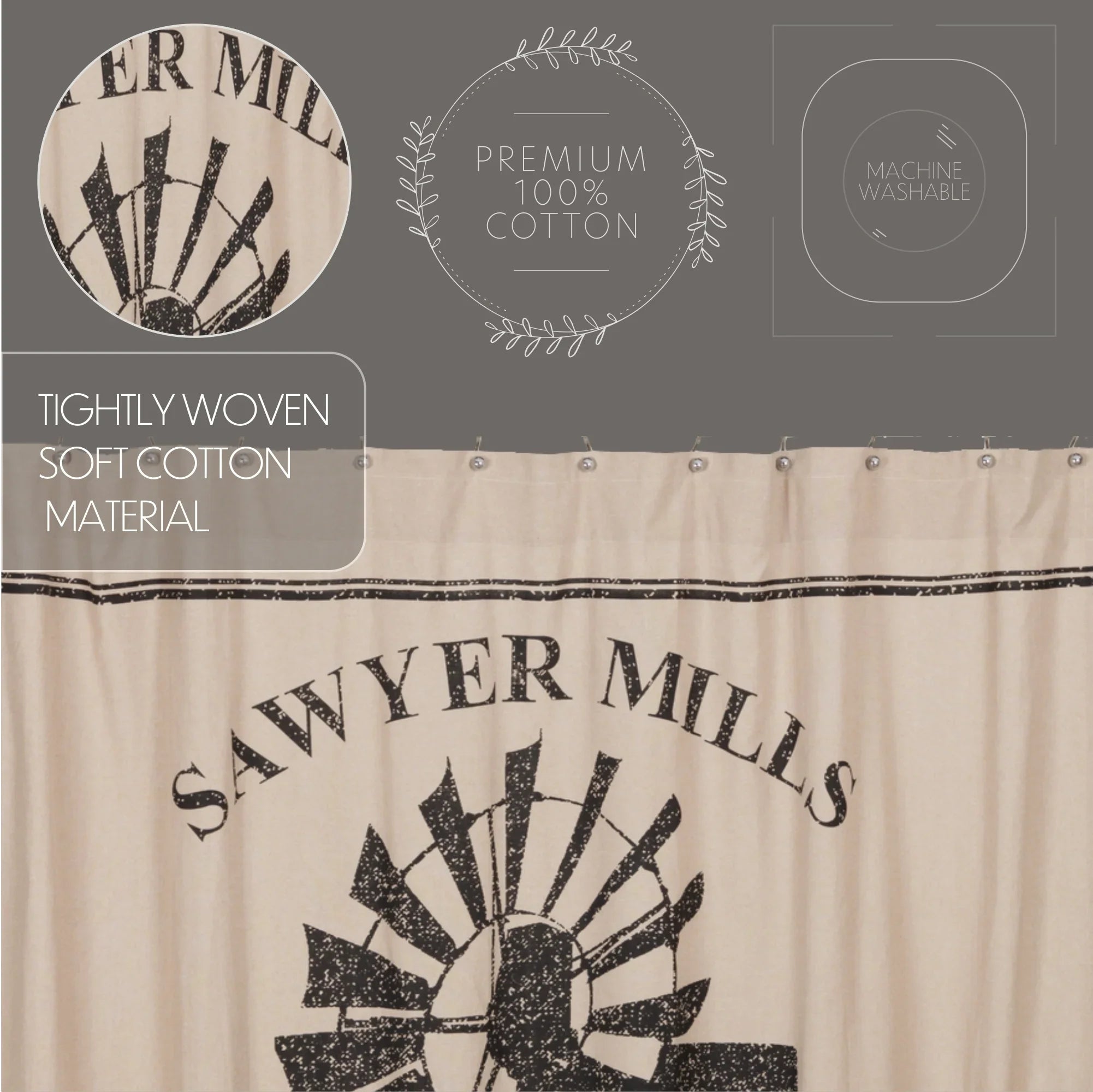 Farmhouse Sawyer Mill Windmill Shower Curtain charcoal stencil over khaki background - Your Western Decor