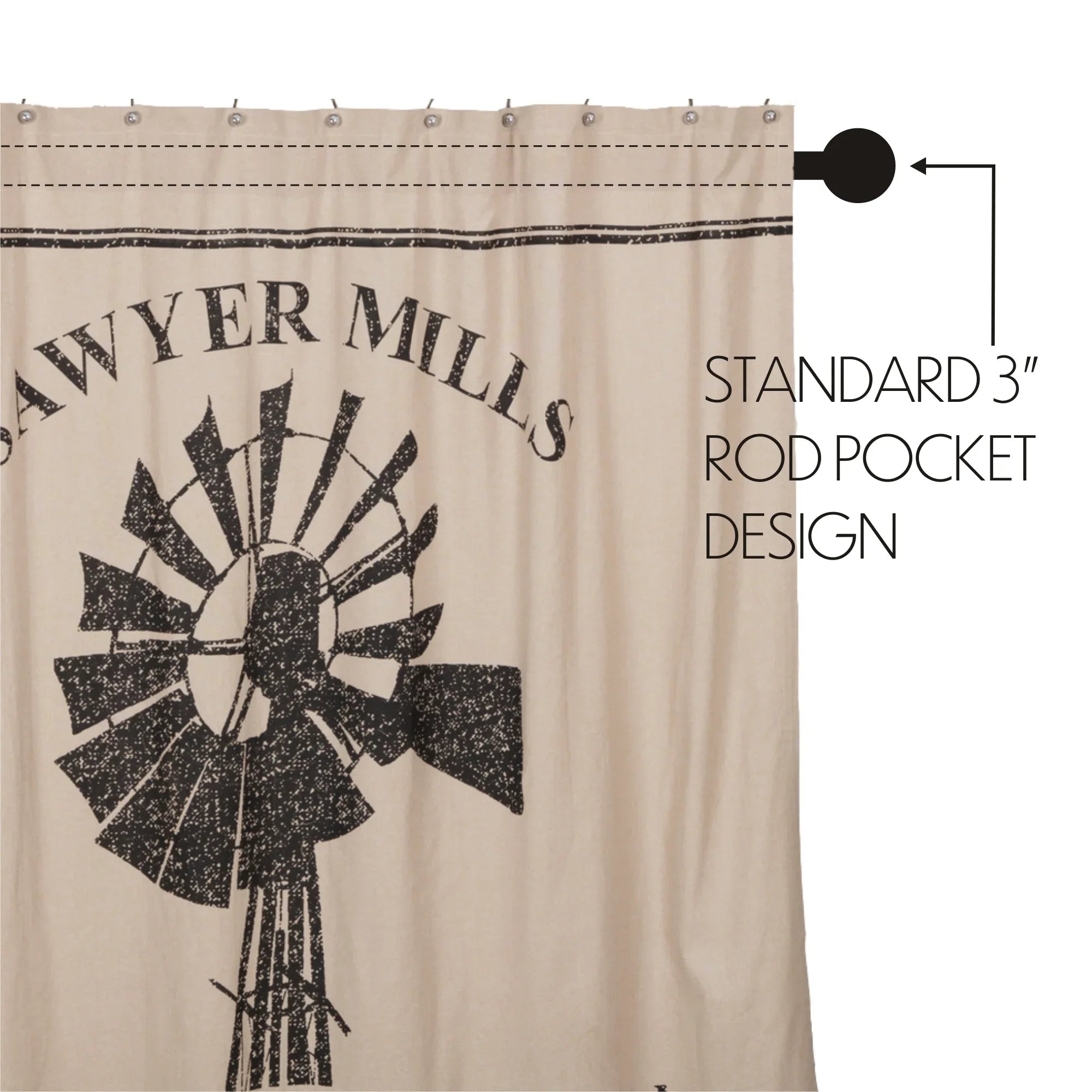 Farmhouse Sawyer Mill Windmill Shower Curtain charcoal stencil over khaki background - Your Western Decor