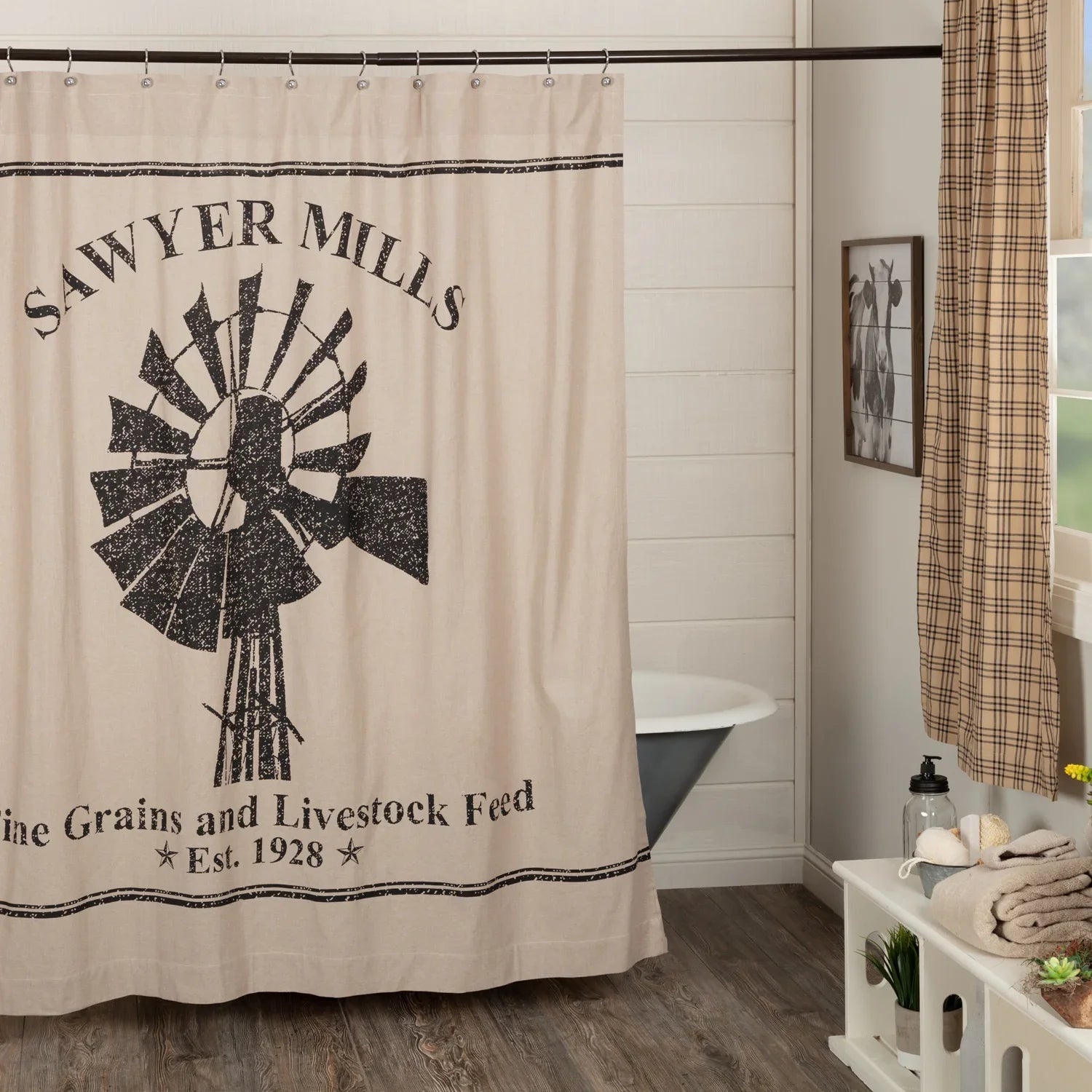 Farmhouse Sawyer Mill Windmill Shower Curtain charcoal stencil over khaki background in bathroom - Your Western Decor