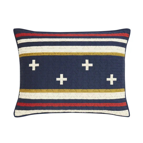 Decorative pillow with striped pattern and cross designs on a white background