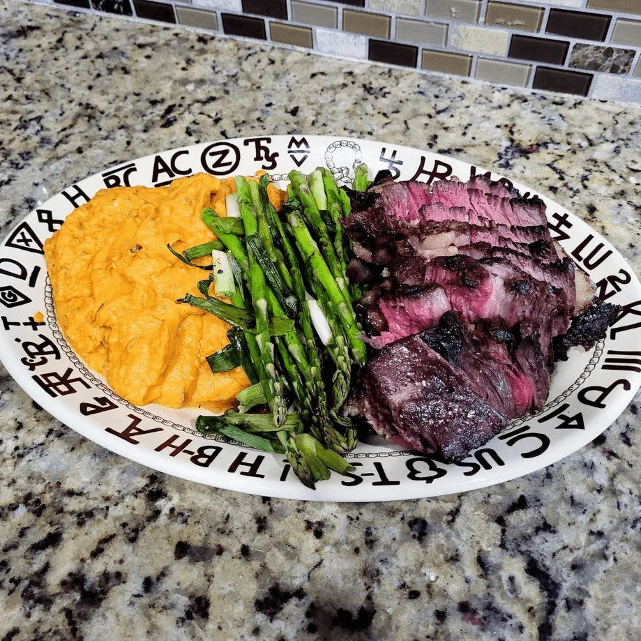 Rope and brands western china oval serving platter with steak, potatoes and asparagus - Your Western Decor