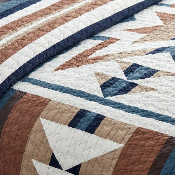Silver City Quilt Set - Blue, white & browns - Stripe pillow sham pattern - Geometric & stripe quilt pattern - reversible - Your Western Decor