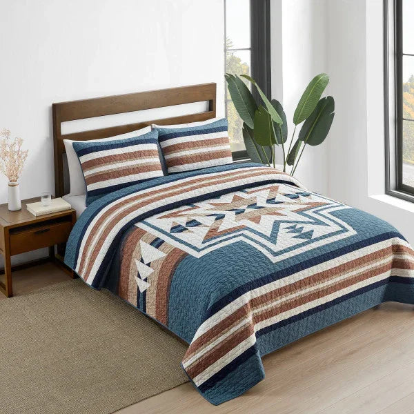 Silver City Quilt Set - Blue, white & browns - Stripe pillow sham pattern - Geometric & stripe quilt pattern - reversible - Your Western Decor