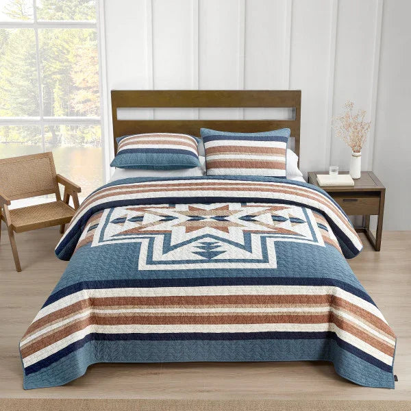Silver City Quilt Set - Blue, white & browns - Stripe pillow sham pattern - Geometric & stripe quilt pattern - reversible - Your Western Decor