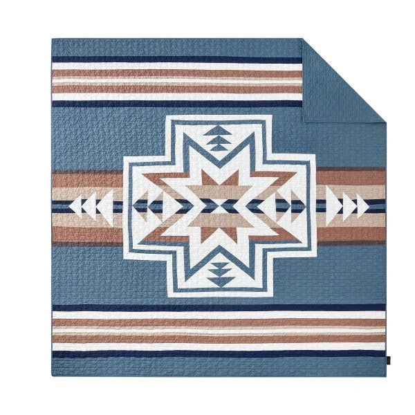 Silver City Quilt Set - Blue, white & browns - Stripe pillow sham pattern - Geometric & stripe quilt pattern - reversible - Your Western Decor
