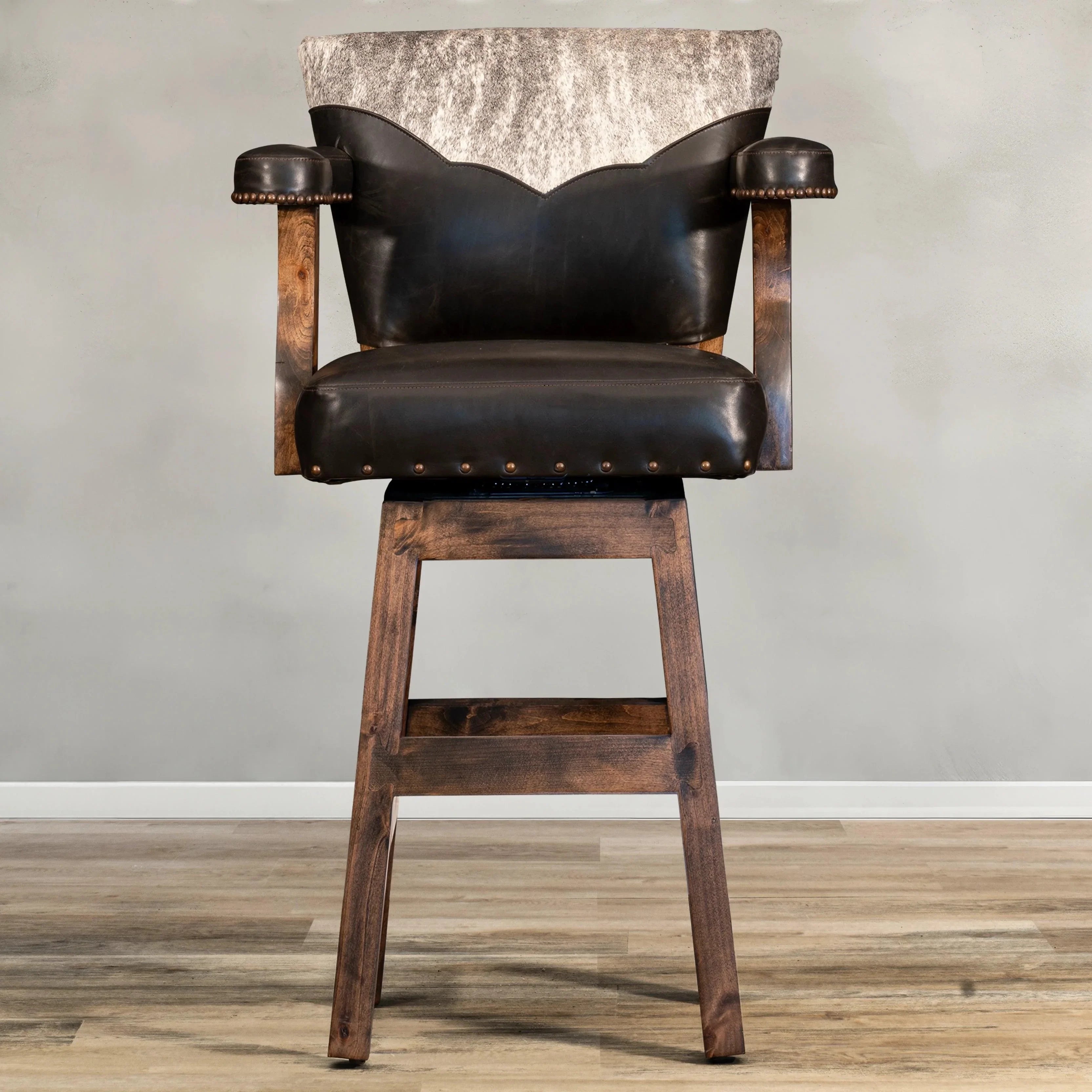 Espresso Leather & Cowhide Bar Stool made in the USA - Your Western Decor