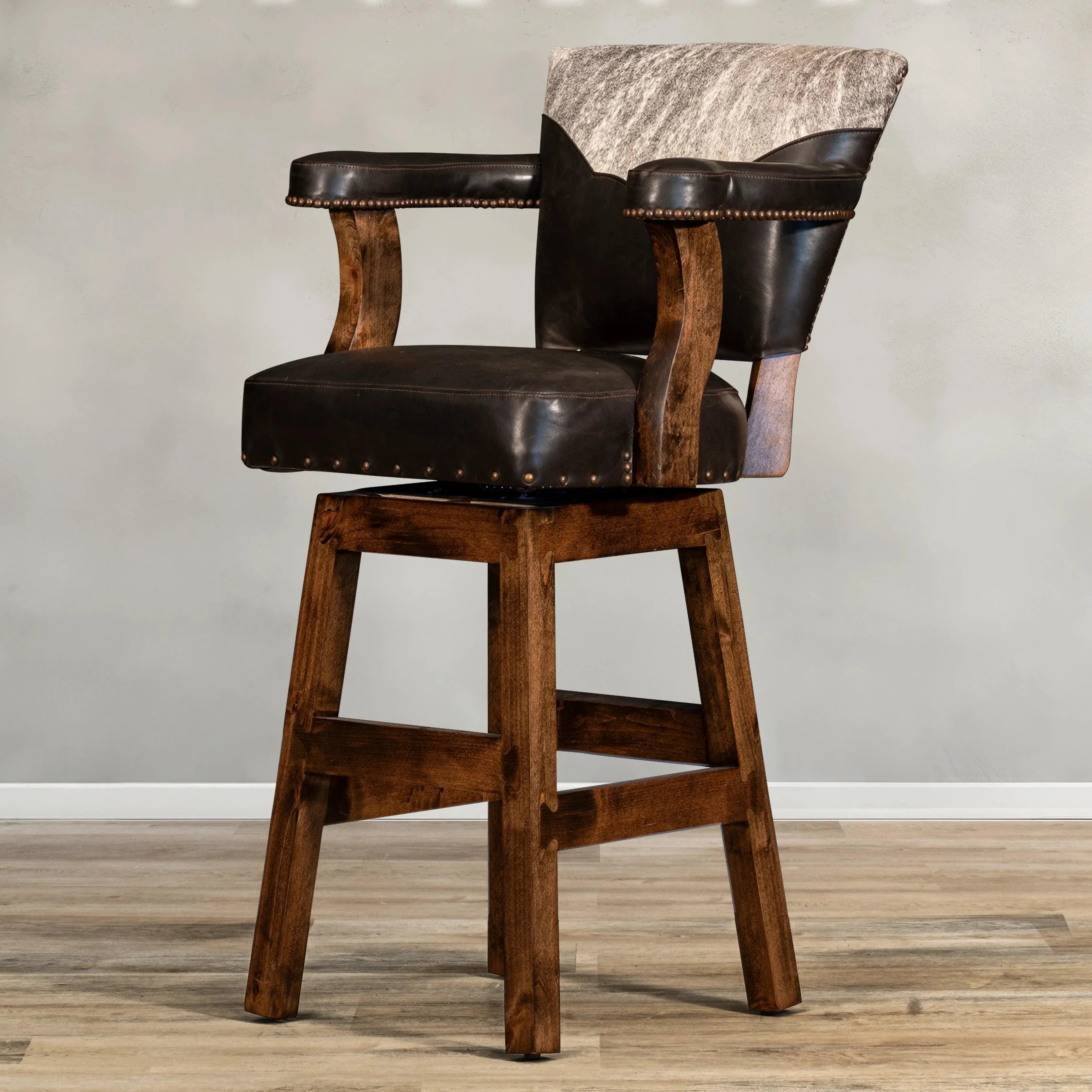 Espresso Leather & Cowhide Bar Stool made in the USA - Your Western Decor