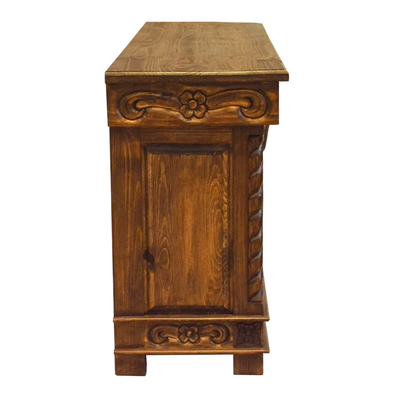 Hand carved wood and cowhide console table end detail - Your Western Decor