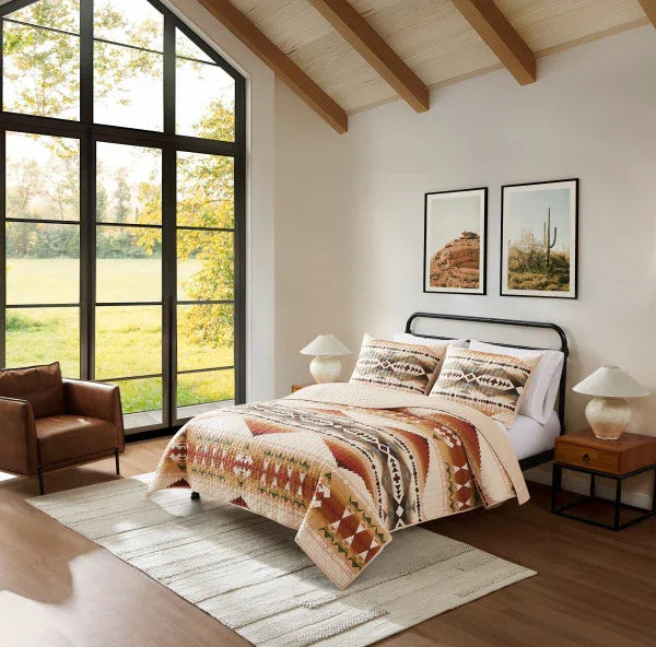 Solstice Canyon Coverlet Set - Sunset hues, green & browns - triangular geometric pattern - Your Western Decor