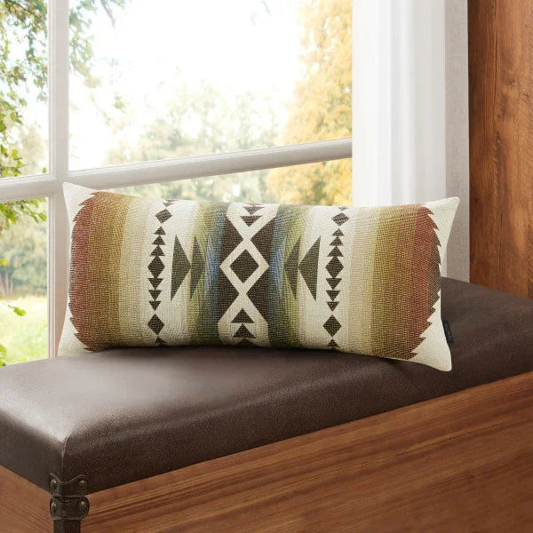 Solstice Canyon Throw Pillow - Sunset hues, green & browns - triangular geometric pattern - Lumbar shape - Your Western Decor