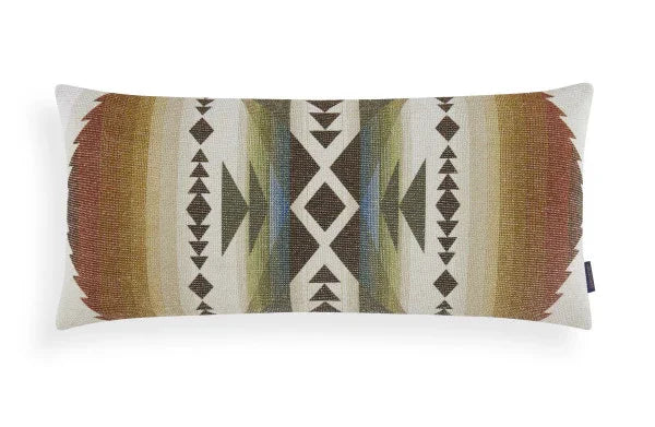 Solstice Canyon Throw Pillow - Sunset hues, green & browns - triangular geometric pattern - Lumbar shape - Your Western Decor