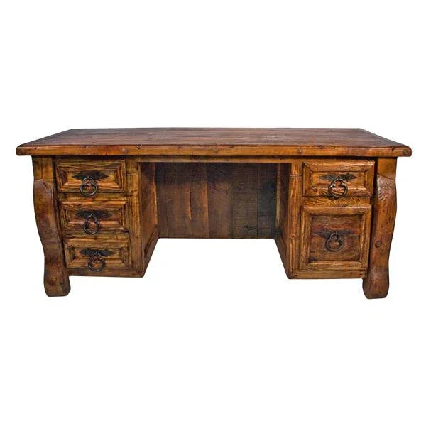 Wooden desk with multiple drawers on a white background