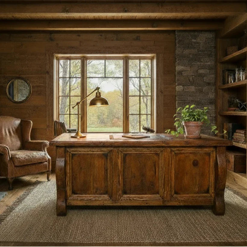 Wooden desk in a rustic room with a lamp, chair, and window view.