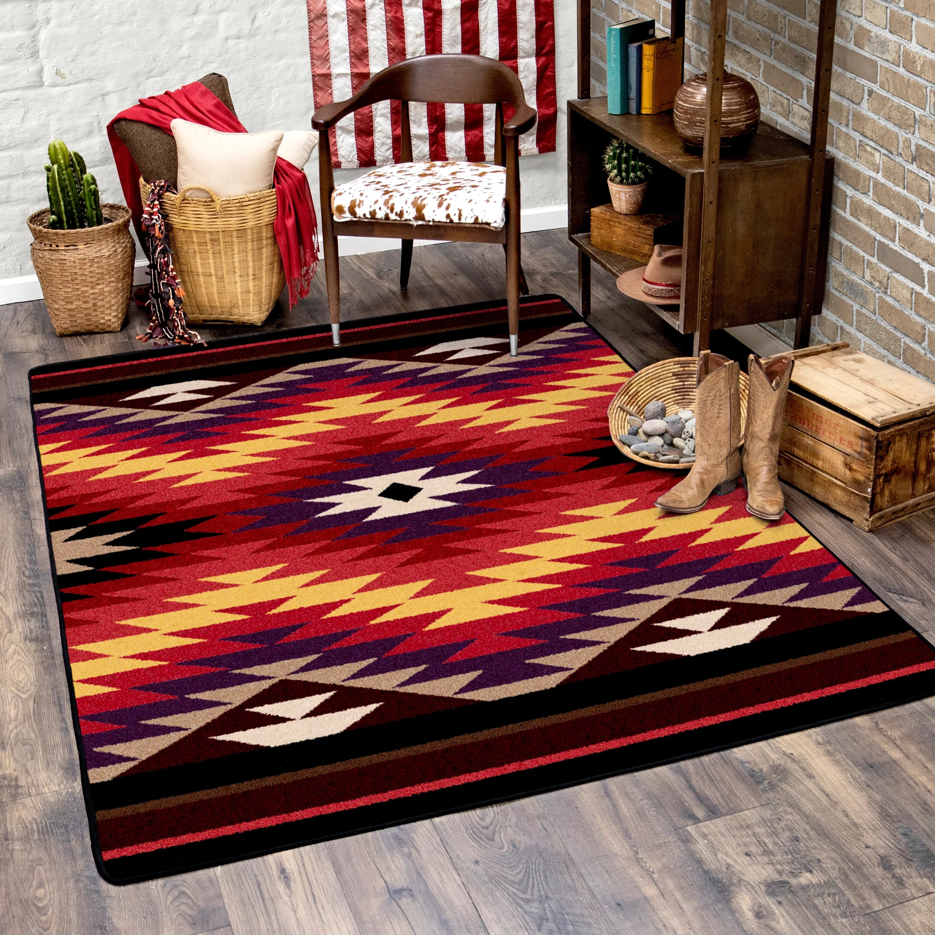 Area rug in red, black, yellow, white, plum, starburst design, made in the USA - Your Western Decor