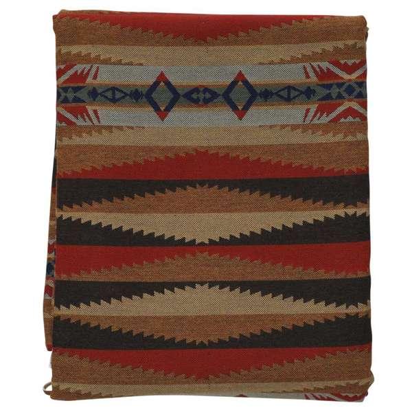 Woven blanket with geometric pattern and sunset colors on a white background