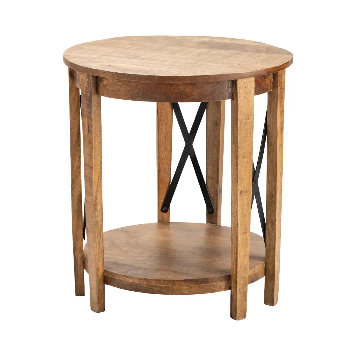 Sutton Creek Accent Table - Natural Mango Wood - Stained Brown finish - Metal X poles - Bottom shelf
