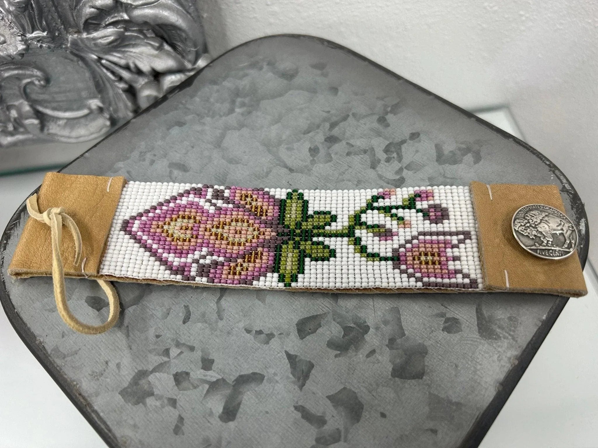 Lavender Tulips on Tan Leather Beaded Bracelet - Your Western Decor