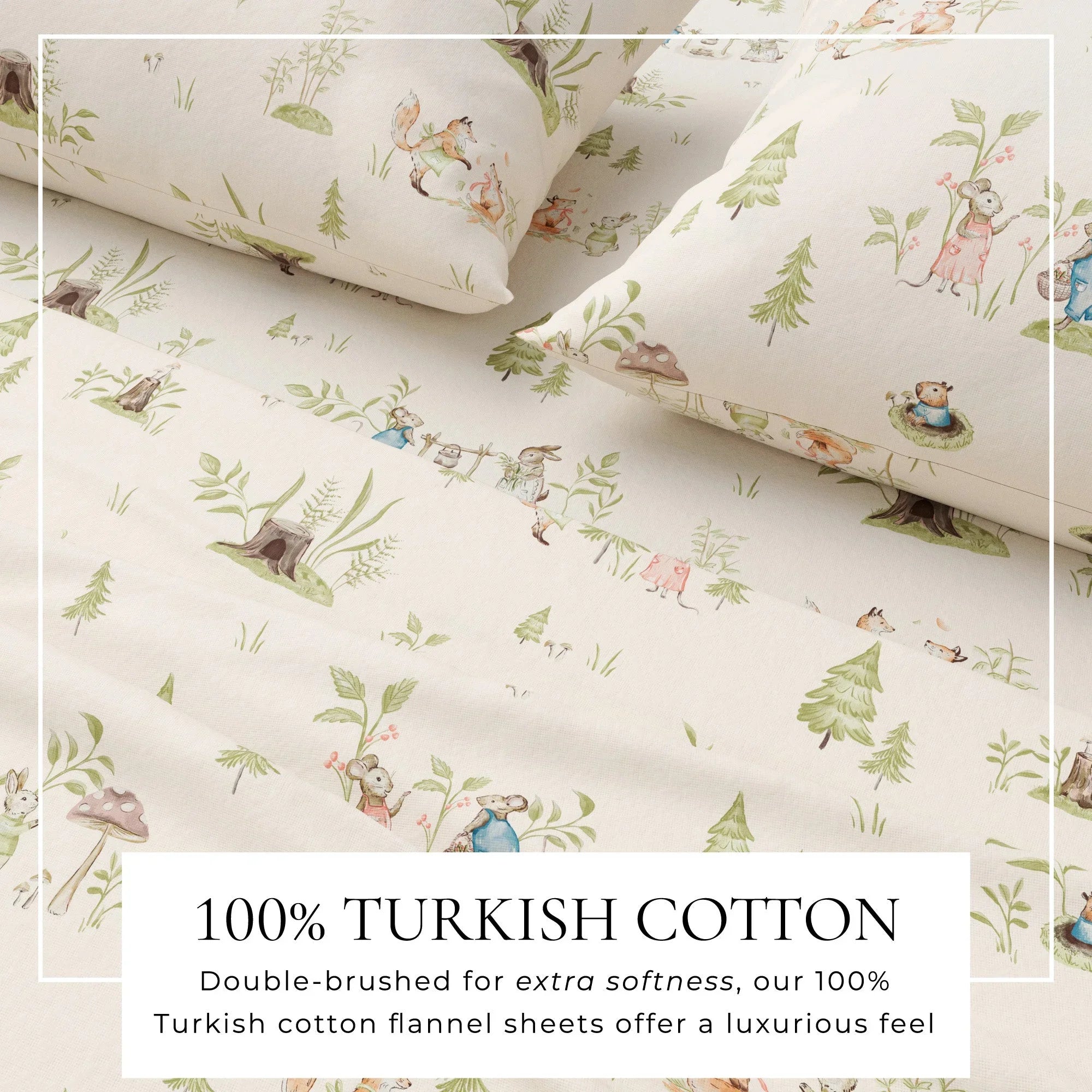 Tiny Village patterned fabric with text about Turkish cotton quality