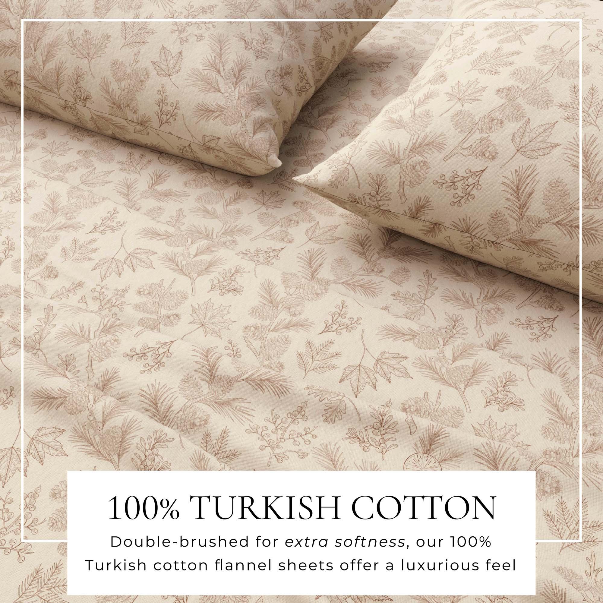 Floral patterned flannel sheets with text highlighting Turkish cotton quality.
