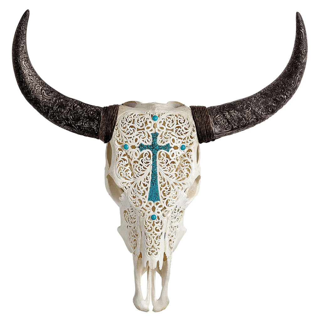 Turquoise Cross Carved Steer Skull - Your Western Decor