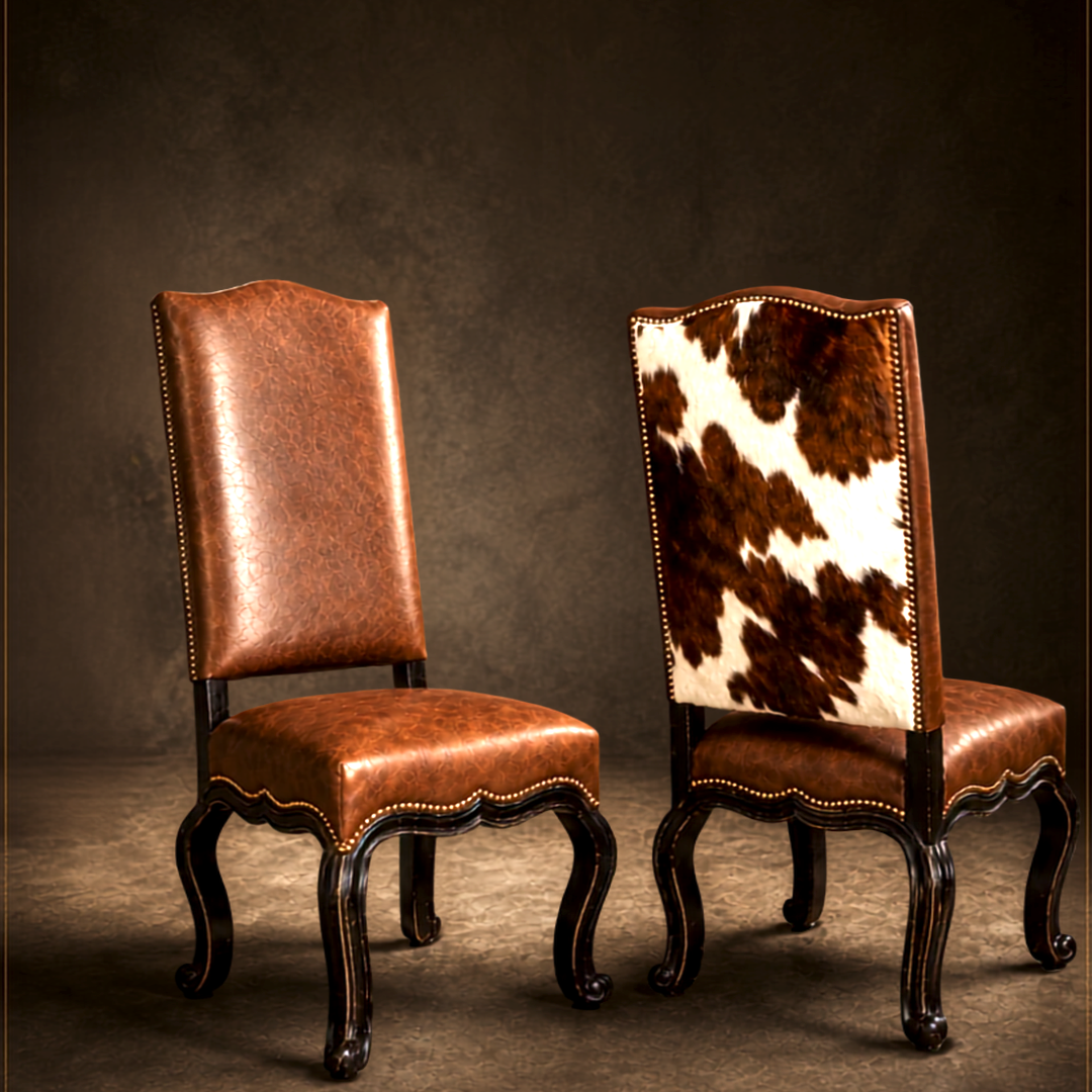 Two high-back dining chairs with dark wood legs, shown against a dark brown studio background. One chair has a smooth brown leather back and seat, and the other has a brown-and-white cowhide patterned back with a brown leather seat.