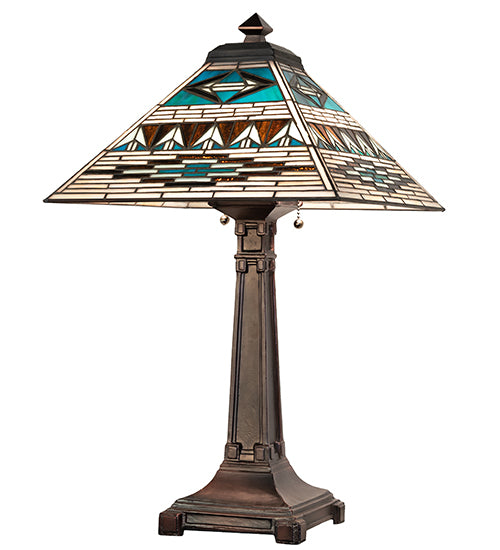 Valencia Turquoise Mission table lamp angled view with stained glass shade and bronze base