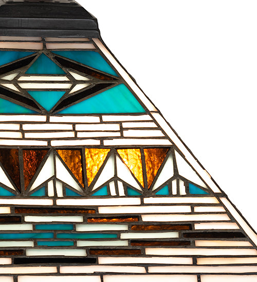 Valencia Turquoise Mission lamp shade close-up with geometric pattern and turquoise glass accents