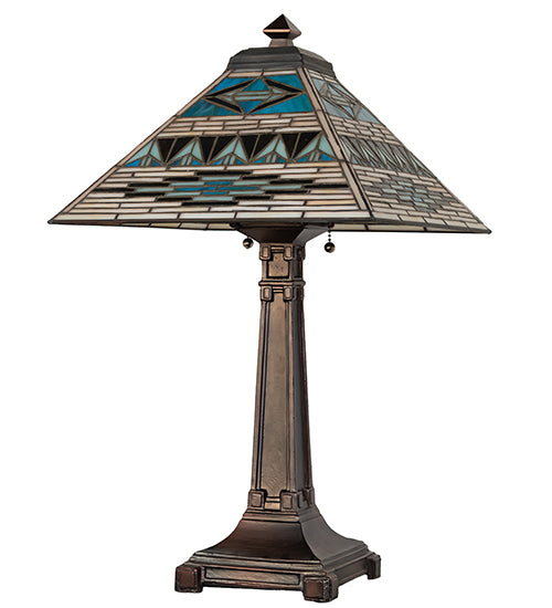 Valencia Turquoise Mission table lamp unlit showing stained glass shade and bronze base structure