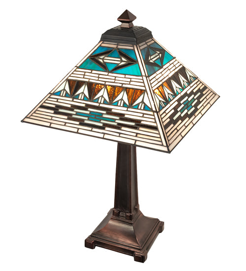 Valencia Turquoise Mission stained glass lamp shade with geometric arrowhead pattern and warm tones