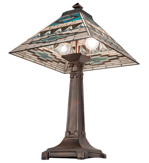 Valencia Turquoise Mission table lamp underside view showing dual bulbs and stained glass shade detail