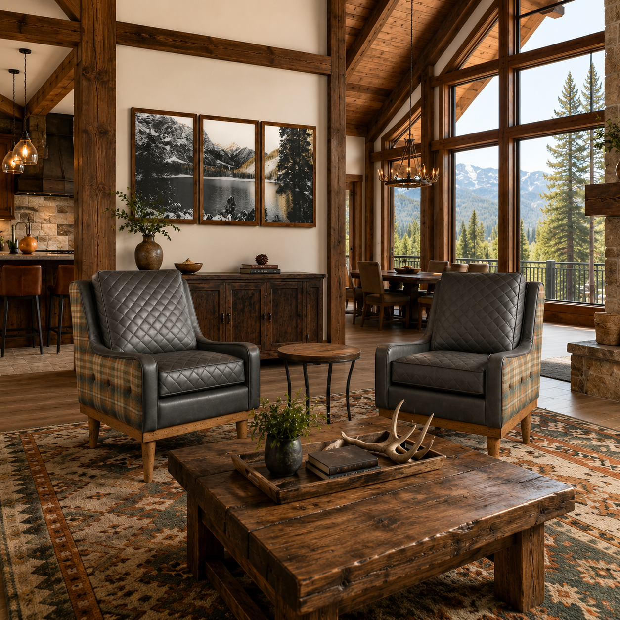 Van Guilder Huntsman plaid accent chair with quilted leather cushions