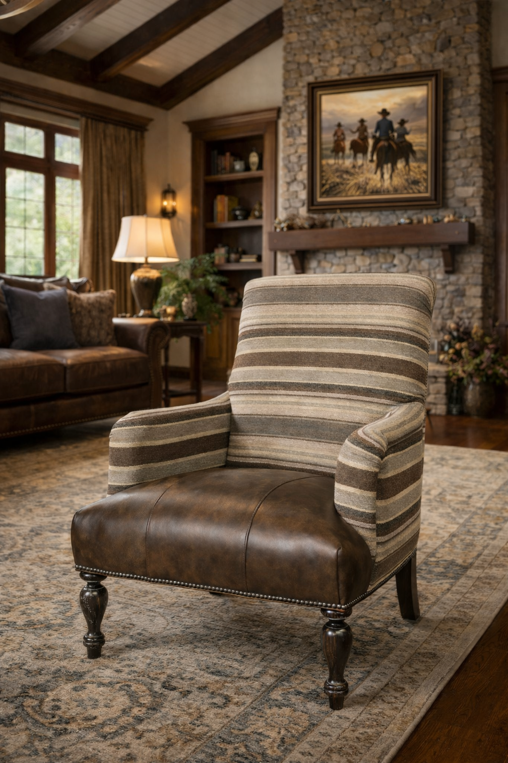 Luxury lodge style woven tribal stripe fabric and leather armchair in brown tones