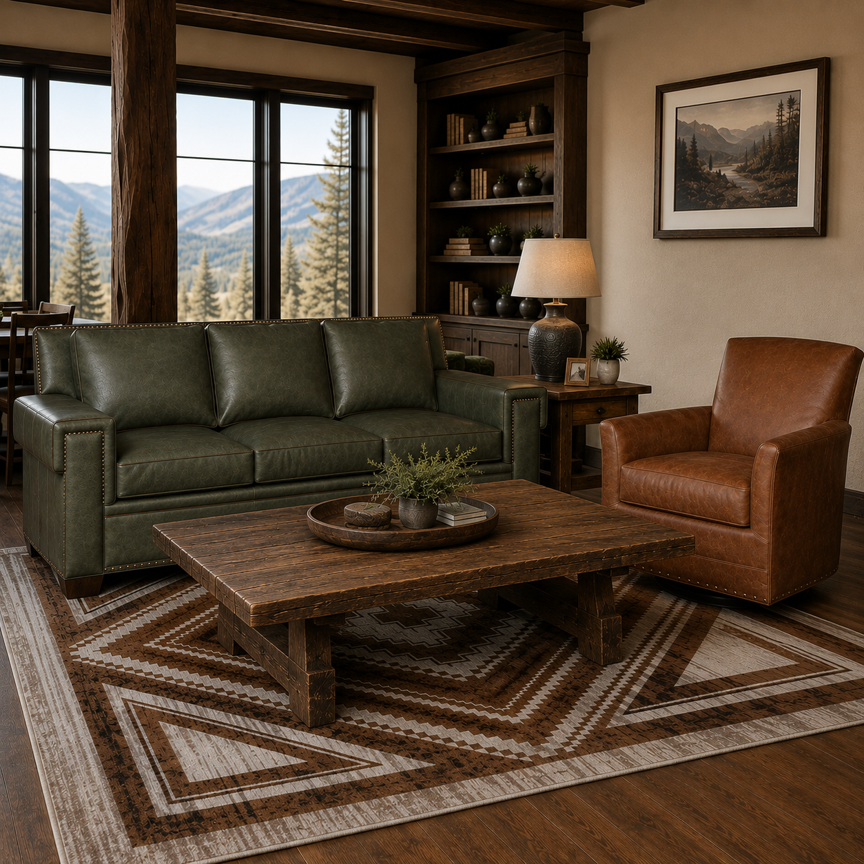 Westfork Leather Swivel Chair paired with a green leather sofa in a rustic mountain-inspired living room featuring a large wood coffee table, southwestern rug, and panoramic mountain views.