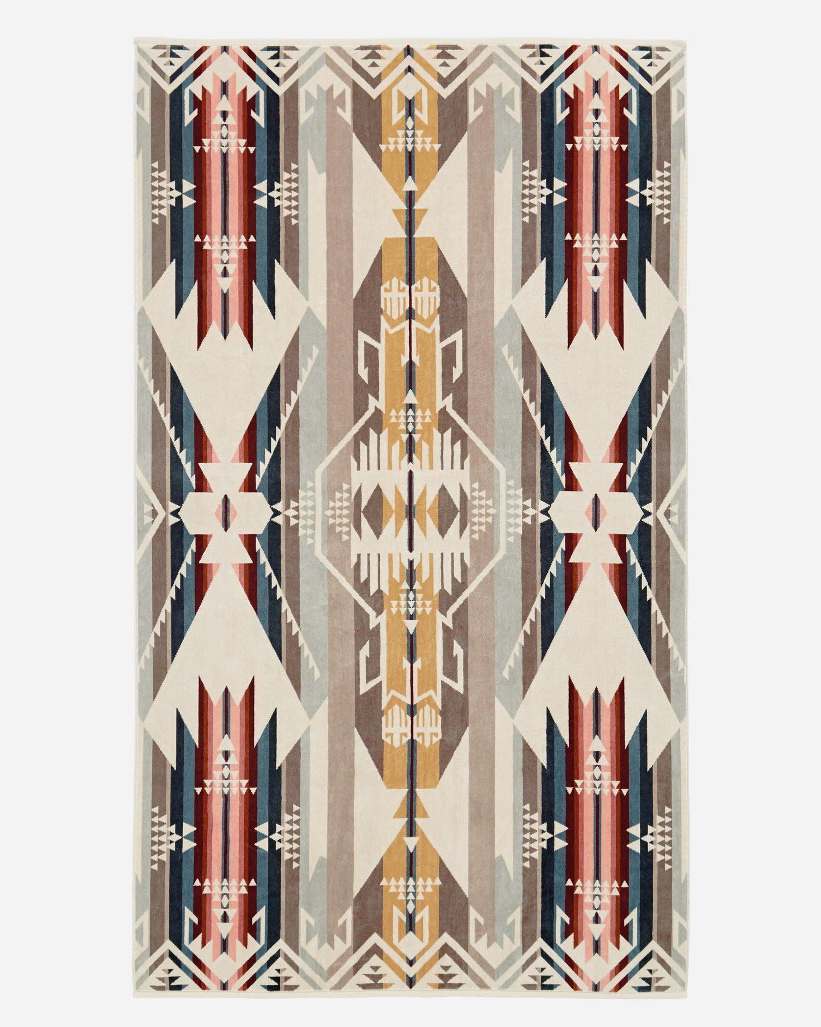 Pendleton Shifting Dunes Spa & Beach Towel woven from premium cotton velour with a modern Southwestern-inspired design.