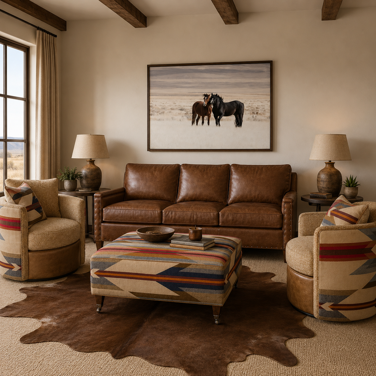 Western living room featuring the Wyeth Trails Swivel Chairs and matching ottoman upholstered in authentic Pendleton® fabric paired with a rich leather sofa.