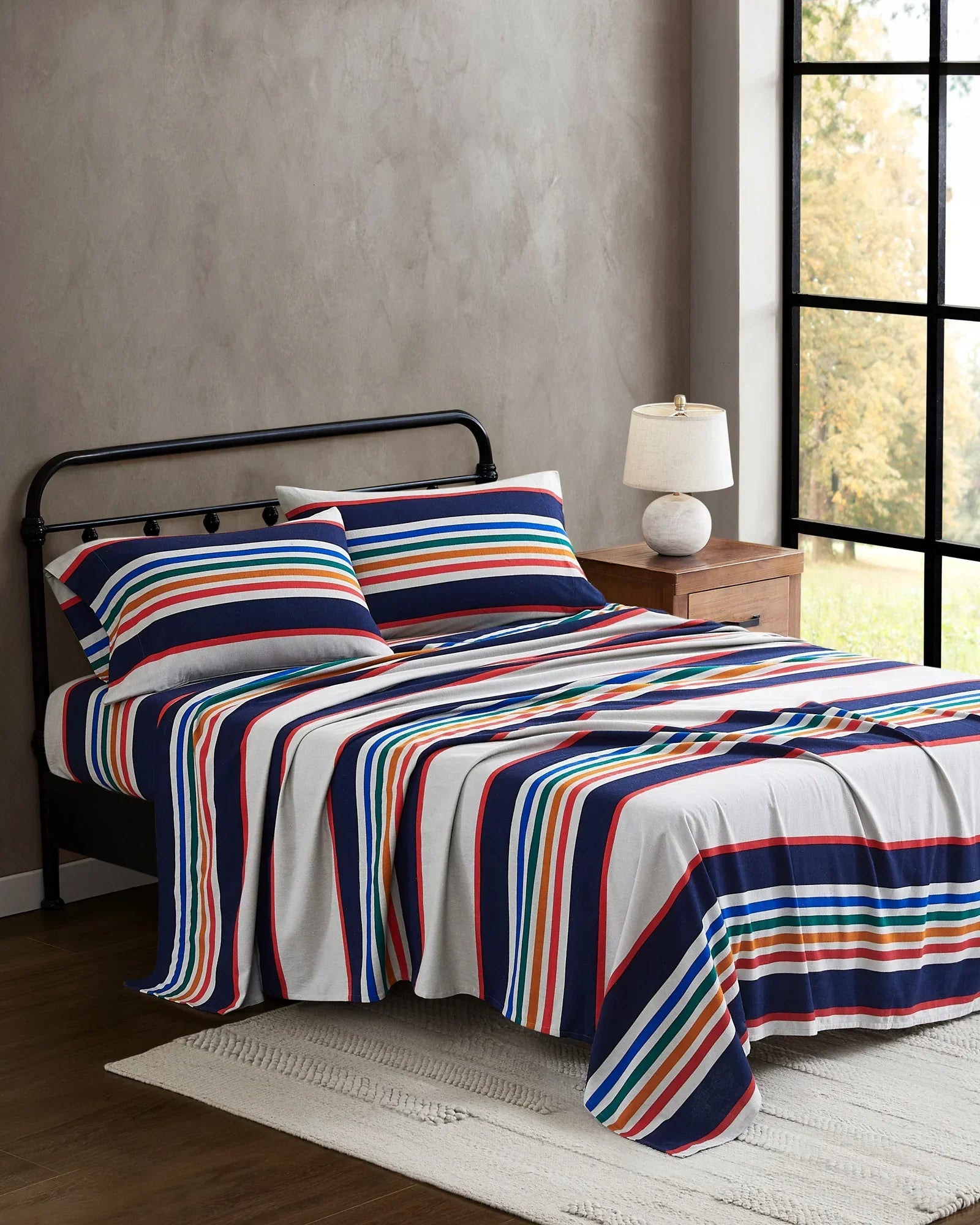 Yellowstone National Park Sheet Set - Grey with Navy blue, red, yellow & orange stripes - Your Western Decor