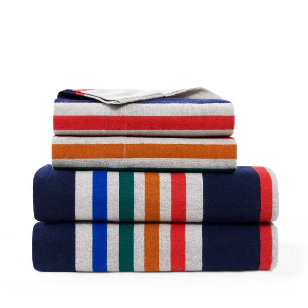 Yellowstone National Park Sheet Set - Grey with Navy blue, red, yellow & orange stripes - Fitted sheet, flat sheet & pillowcases - Your Western Decor
