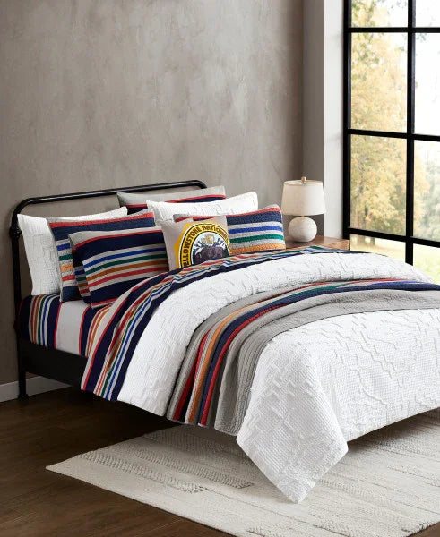 Yellowstone National Park Sheet Set - Grey with Navy blue, red, yellow & orange stripes - Your Western Decor