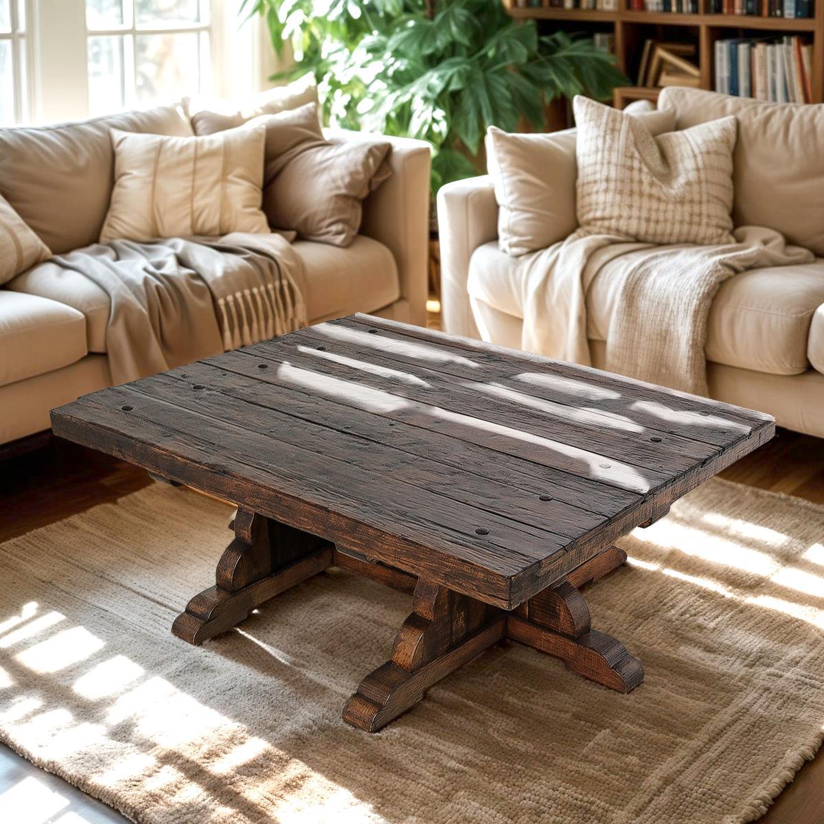 Z Luis Rustic Coffee Table Wooden coffee table in a living room with beige sofas and a rug.