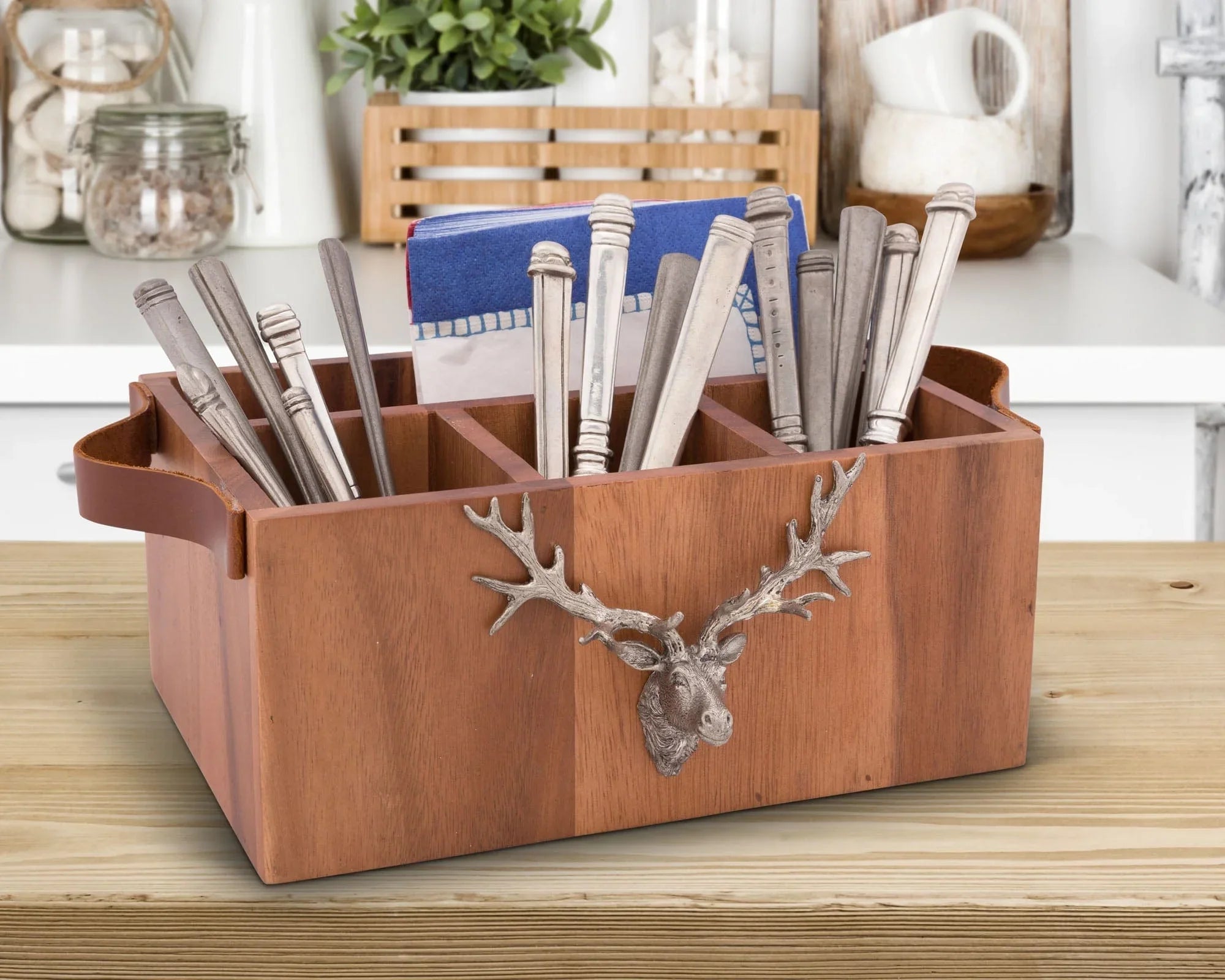 Acacia wood caddy with leather handles and pewter elk on front - Your Western Decor