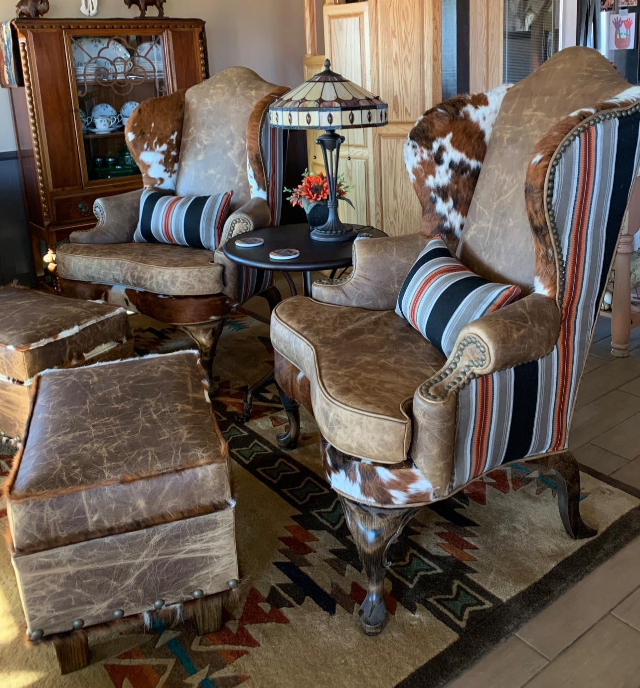 Custom made accent chairs in Pendleton Arcadia fabric, distressed smooth leather and tri color cowhide - Your Western Decor