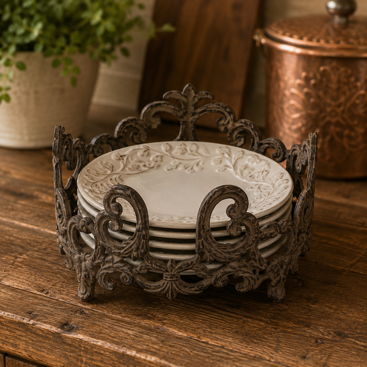 Decorative salad plate holder displayed on an Old World kitchen countertop with Acanthus Estate salad plates.