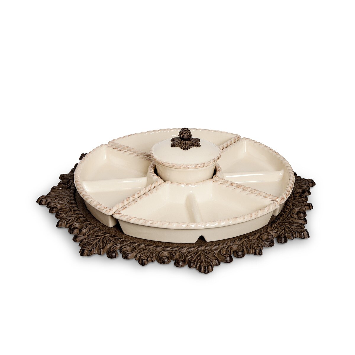 Acanthus Estate Stoneware Crudité Server with rotating lazy Susan base.