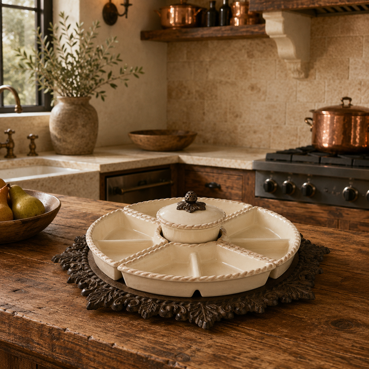 Acanthus Estate Crudité Server displayed on reclaimed wood kitchen island in an Old World kitchen.