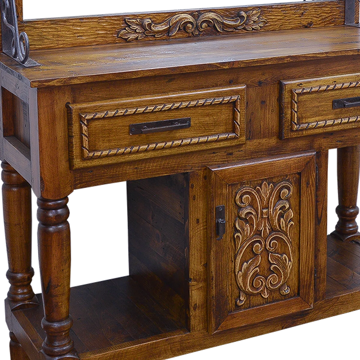 Rustic carved wood console with mirror for Southwestern interiors