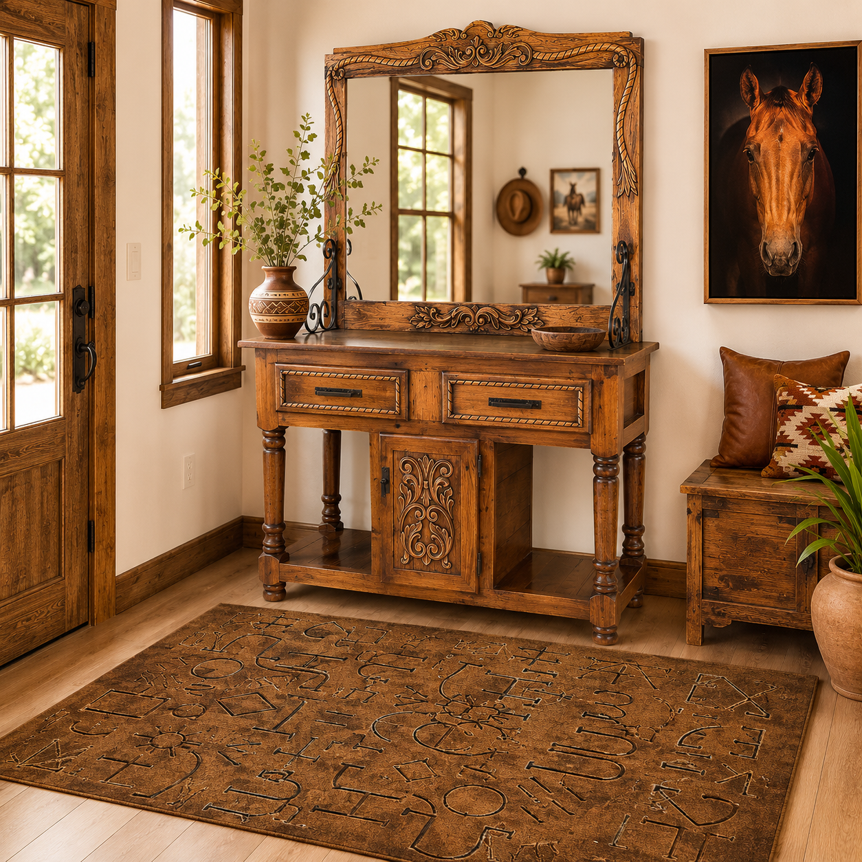 Adobe Ridge hand-carved console with mirror in rustic Western entryway