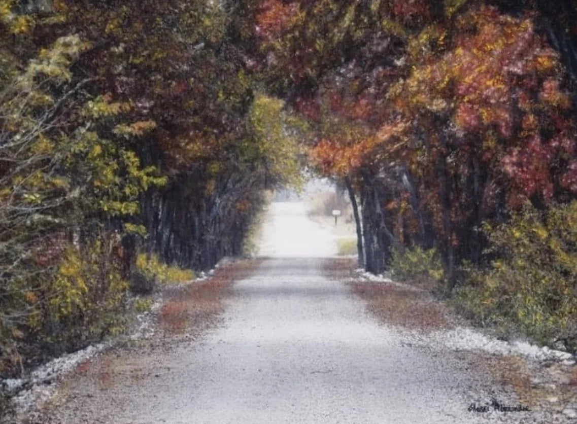 Painting of a sandy path flanked by trees with autumn foliage - art by Sherri Alexander for Your Western Decor
