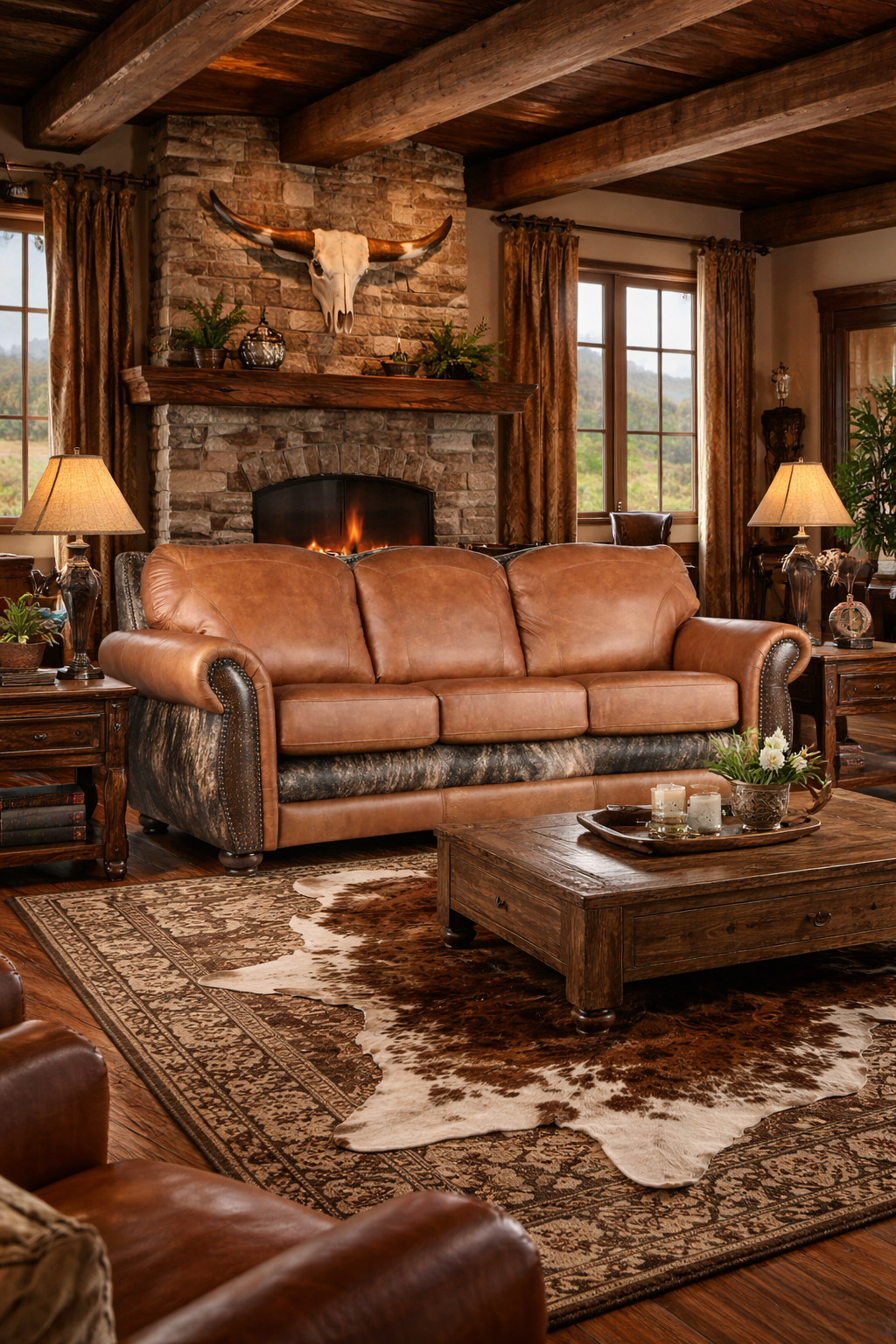 Luxury ranch-inspired living room featuring a tan leather sofa with cowhide accents, set on a cowhide rug in front of a stone fireplace with exposed wood beams, rustic wood tables, and warm western décor