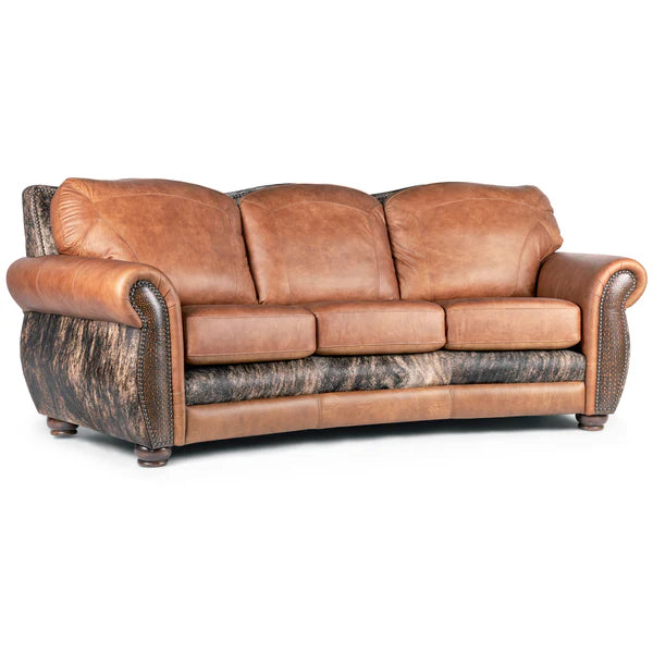 Amber brown leather sofa with brindle cowhide, croc leather detail and nail trim - Your Western Decor