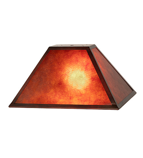 Rectangle amber mica lamp shade with iron frame. Light is on